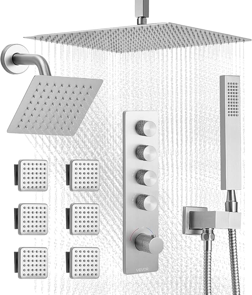 VEVOR Duschsystem-Set mit 16 Zoll Regenduschsystem / 6 Zoll Wandmontagekopf/Handbrause / 6 Körperbrause, Doppelregenkopf, Messingventil Verkleidungssatz Zierset, gebürstetes Nickel