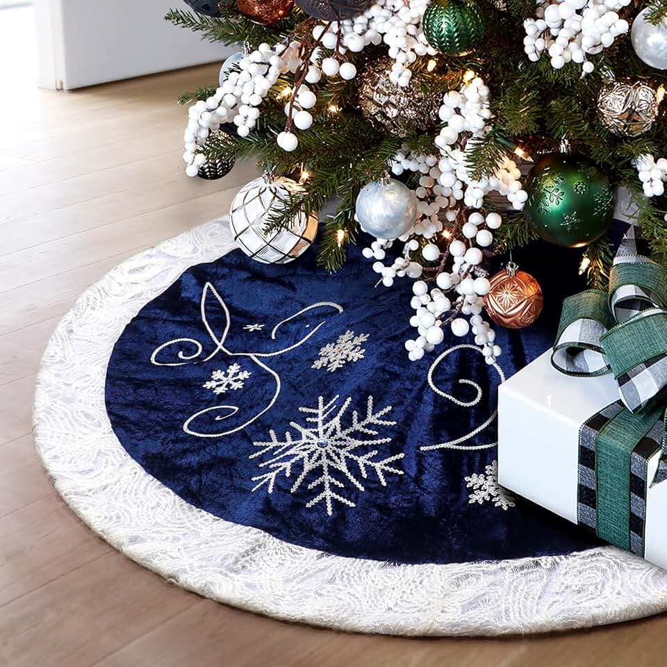 Blue Christmas Tree Skirt 32 Inches Snow Sequin Embroidery with White Trim Border Decor for Xmas Holiday Party Ornaments