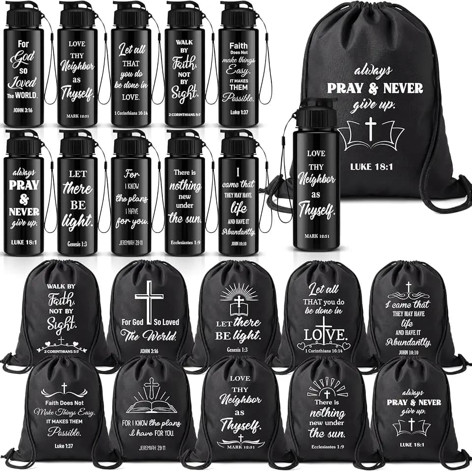 Mifoci 20 Pcs Christian Water Bottle with Drawstring Backpack Bible Verse