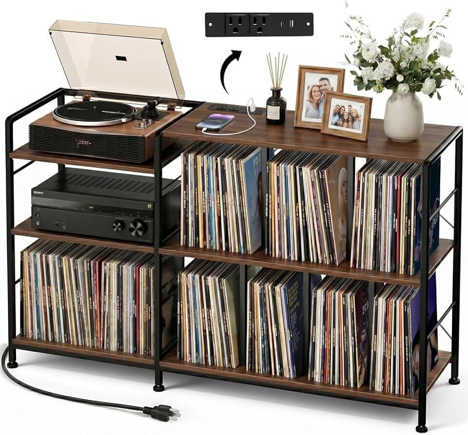 Faesun 50 Inch Large Record Player Stand with vinyl Storage,Walnut