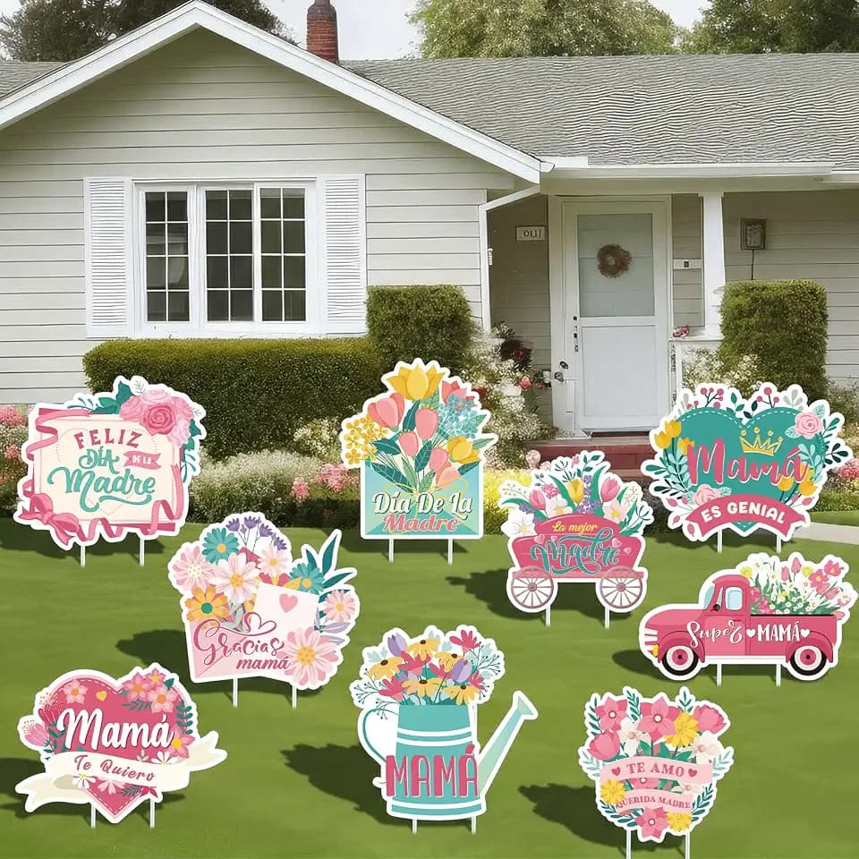 Roowest 9 Pcs Happy Mother's Day Yard Signs with Stakes Spanish Feliz Día De La Madre Decorations Waterproof Floral Mom Outdoor Decor for Lawn Porch Garden Mom Gifts