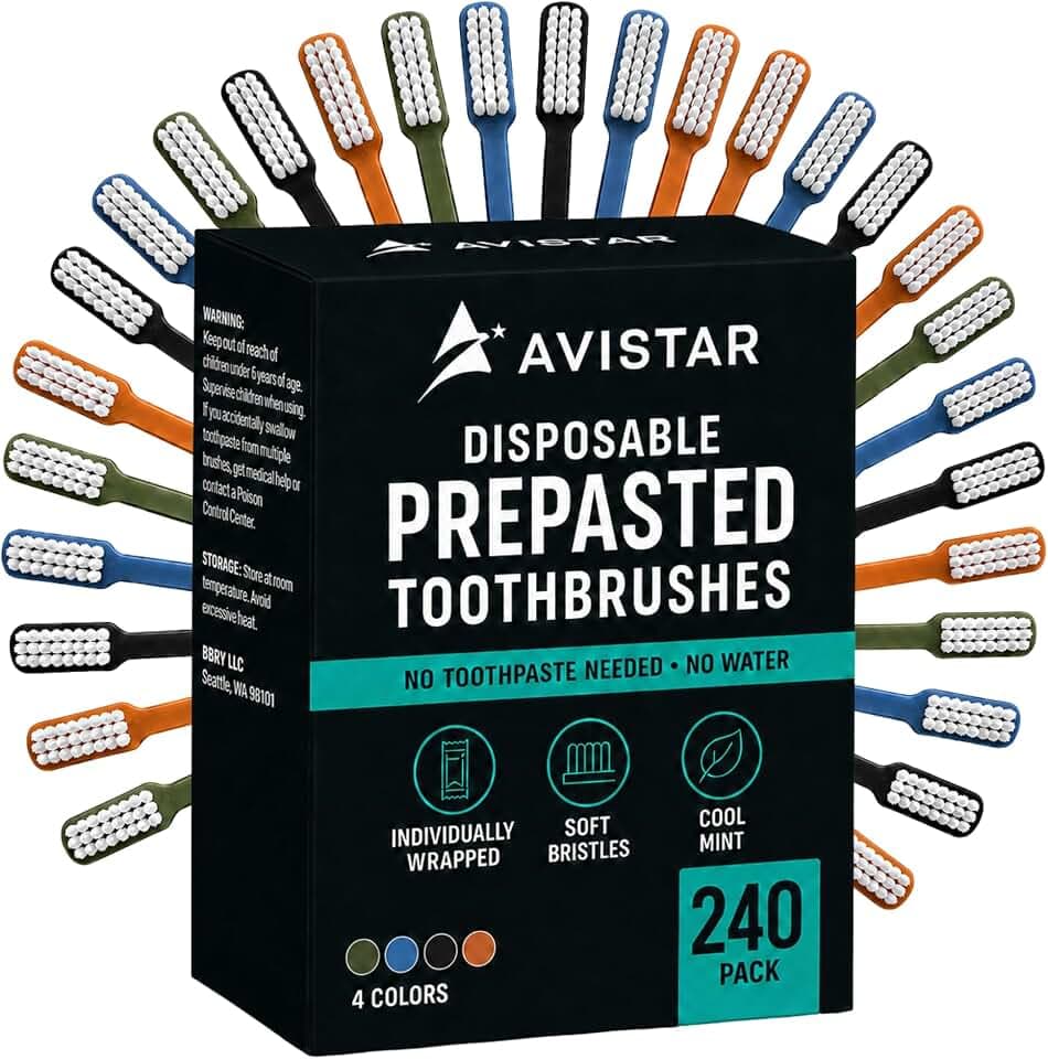 Avistar 240 Prepasted Disposable Toothbrushes Individually Wrapped - Single Use Pre Pasted Disposable Toothbrushes with Toothpaste Built in - Waterless Toothbrush for Travel, Guests, Hotel, & Camping