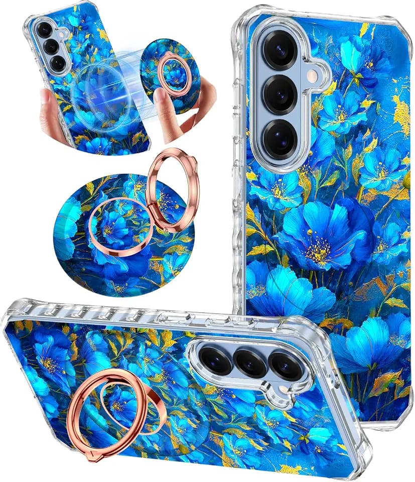 for Galaxy S26 Plus Case,Magnetic Removable Floral Phone Ring Stand, 360°Rotation MagSafe Stand,Slim Wavy Frame Cases with Cute Flowers for Samsung Galaxy S26 Plus 6.7 inch,Blue