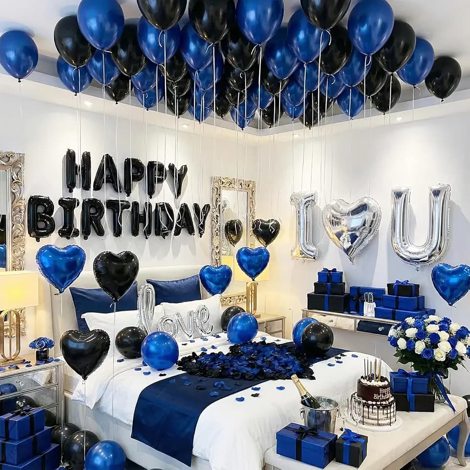 Blue Black Silver Balloons with I LOVE YOU & HAPPY BIRTHDAY Foil Balloons & Rose Petals for Romantic Special Night, Anniversary, Valentine Day, Birthday Decorations for Him, Bedroom, Hotel Room