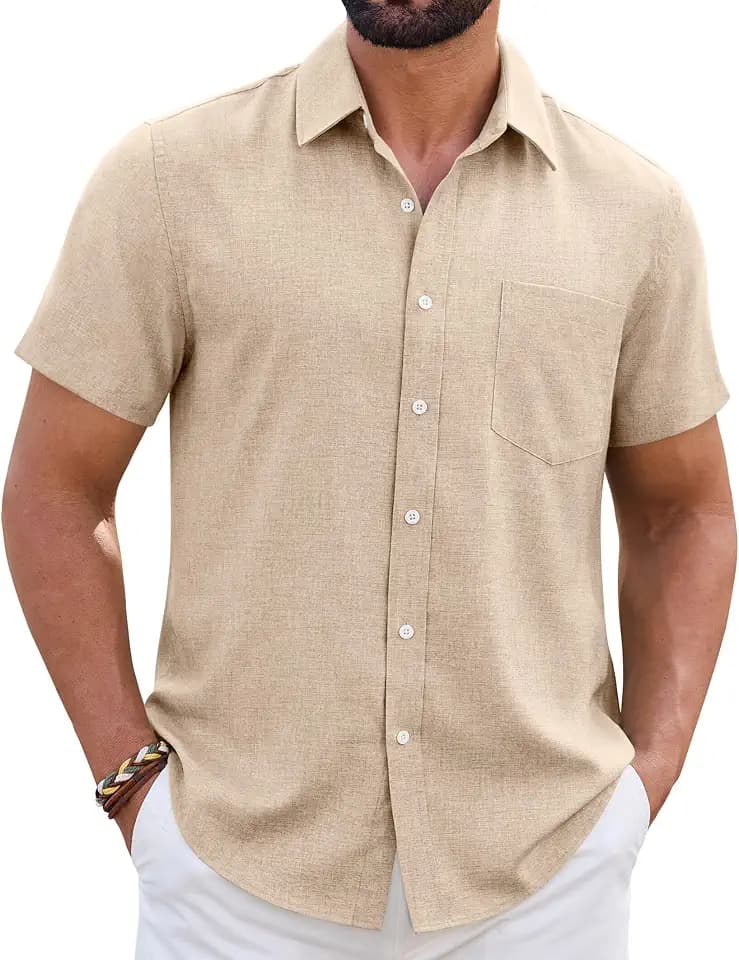 Mens Linen Shirt Short Sleeve Wrinkle Free Casual Untucked Button Down Shirts Beach Breathable Tops Summer