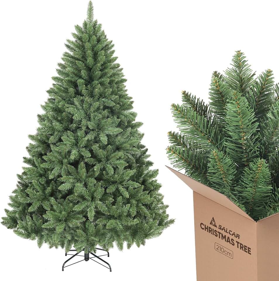 SALCAR 210 cm Künstlicher Weihnachtsbaum, naturgetreuer Tannenbaum mit 1066 Spitzen, grüne Nordmanntanne mit Klappsystem, ca. 148 cm übergroßer Baumdurchmesser