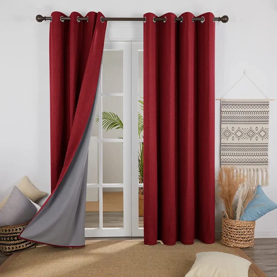 Deconovo 100% Blickdichte Gardinen Verdunkelungsvorhang Leinenimitation Total Verdunkelung Thermovorhang Wohnzimmer mit Ösen, 183x117 cm(HöhexBreite), Rot, 2er Set
