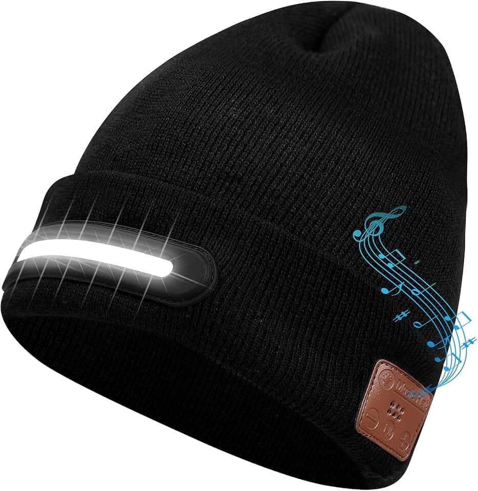 Bluetooth Mütze mit LED Licht, Wiederaufladbare Beanie Mütze mit Musik, Strickmütze mit Kopfhörern und integrierten Stereolautsprechern, Wintermütze mit Lampe, Geschenke für Männer Frauen