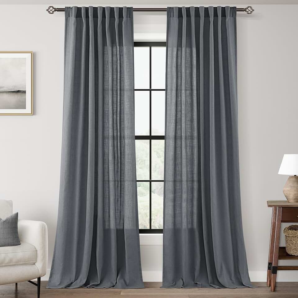 Dark Gray Curtains for Living Room Back Tab Modern Farmhouse Semi Sheer Gray Curtains 120 inches Long 2 Panels Set Muted Neutral Window Curtain for Dining Room Bedroom 52x120
