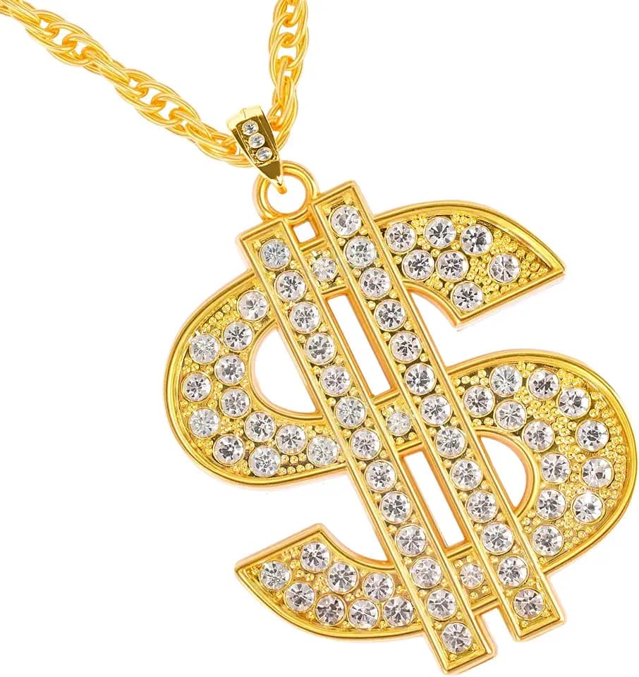 Gold Chain with Dollar Sign: Fake Gold Money Chain Necklace for Men Women Gold Plated Stainless Steel Jewelry Fashion Pendants for 70s 80s 90s Hip Hop Rapper Digger Costume Accessories