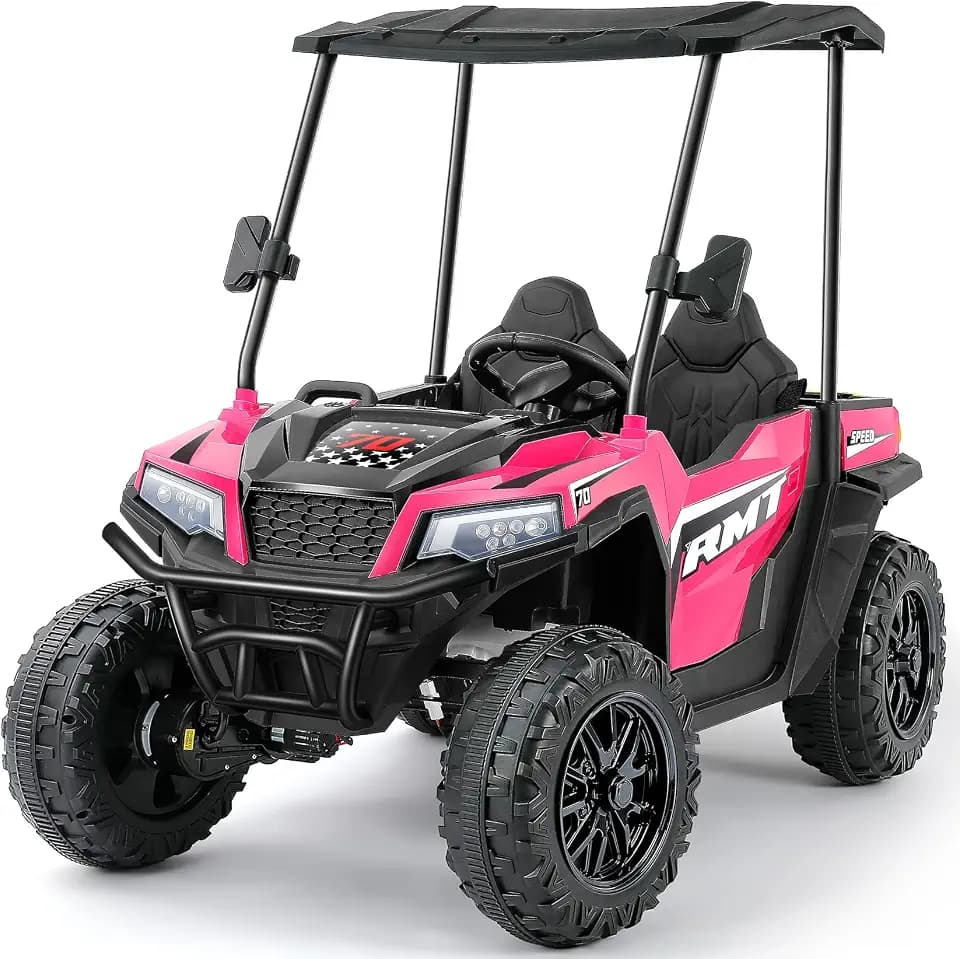 ELEMARA 24V Ride on Toy for Big Kids,Ride on Car 2 Seater w/Sun Shade,Dump Bed & Shovel,4.5MPH,4WD Electric Car for Kids,Battery Car w/Remote,Kids Ride on Truck,3 Speeds,LED Lights,Bluetooth, Pink