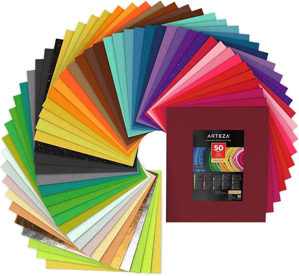 Arteza Bastelfilz Set 30.4cm x 35.5cm, bunter Filzstoff zum Nähen, 50 farbige Filzplatten 1.5 mm dick, Filz zum Basteln, für Patchwork & DIY-Projekte
