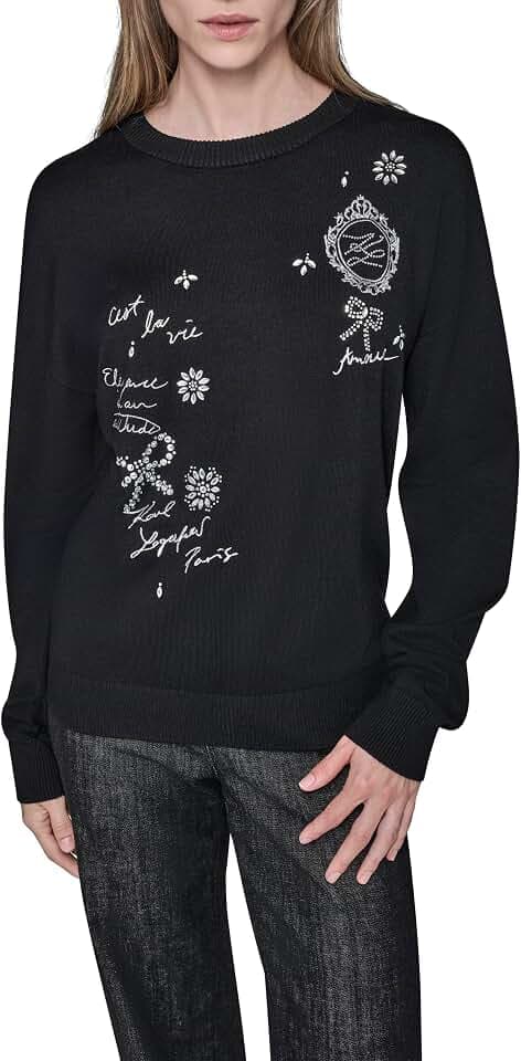 KARL LAGERFELD Women's Long Sleeve Crew Neck Whimsy Sweater