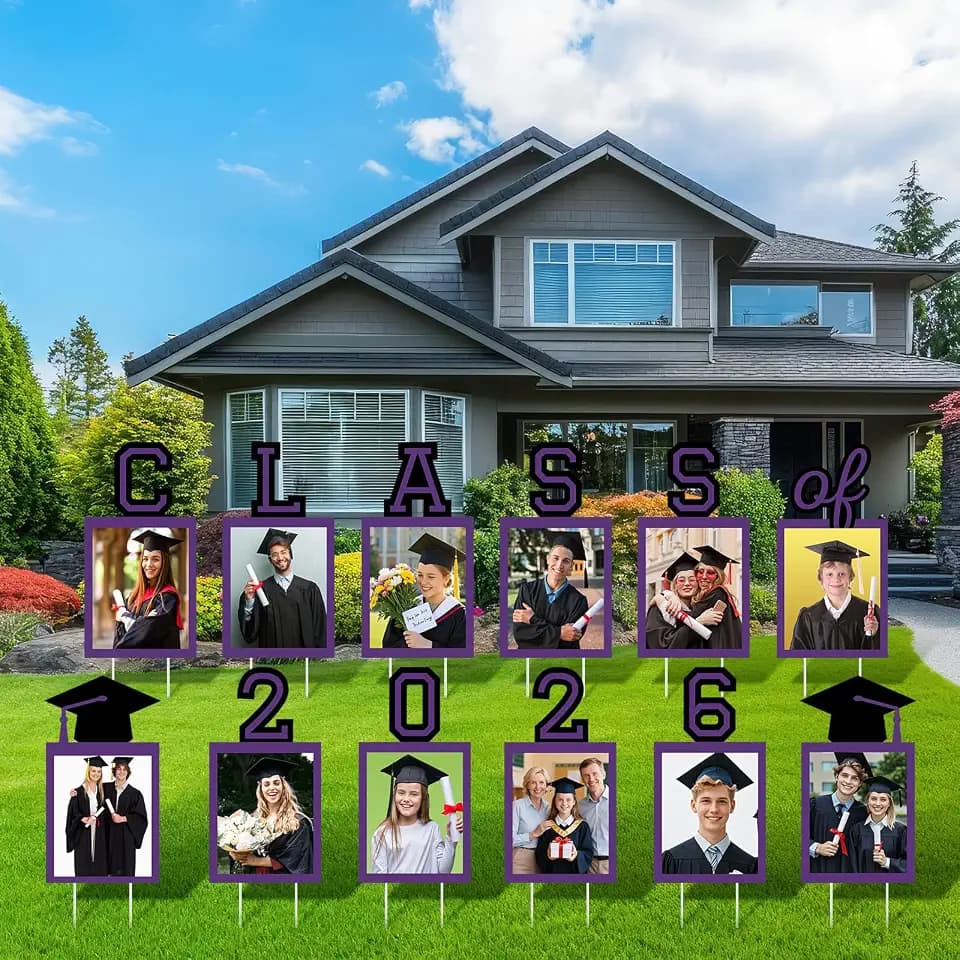 12 Pcs Graduation Photo Yard Sign Decorations 2026, K-12 Grade Graduation School Picture Frame Lawn Sign with Stakes for Kindergarten Middle High School Class of 2026 Grad Party Decorations, Purple