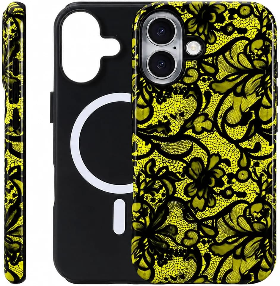 for iPhone 16 Case - Wireless Charging for MagSafe, 2-Layer Design (Hard PC Shell, Soft TPU Lining), Unisex Shockproof Protective Case - Yellow Lace Floral Pattern