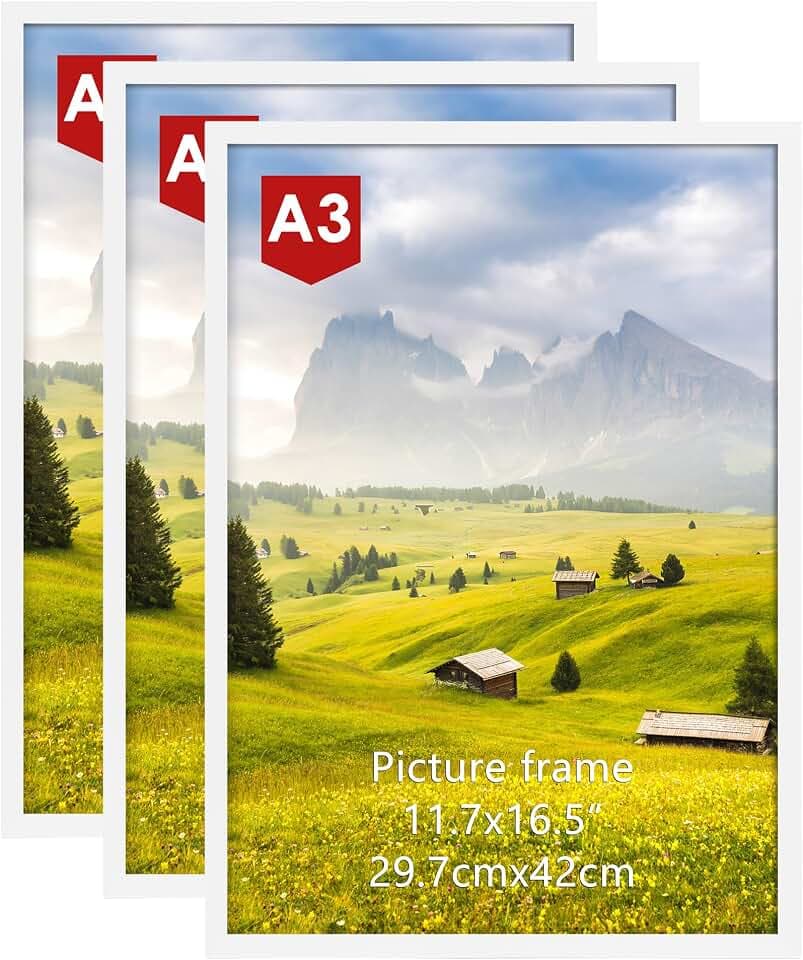 Hoikwo 3 Stück Weiß Bilderrahmen A3, Klassischer weißer Fotorahmen 42x29,7cm Perfekt für Poster & Kunstdrucke - Nur für Wandmontage