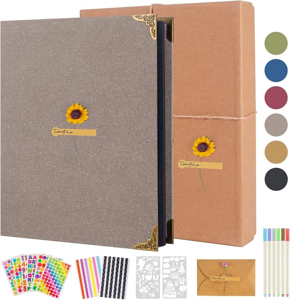 AIOR Scrapbook DIY Scrapbook Photo Album Kit 60 Pages Hardcover 11x8.3 Inch Scrap Book 3 Rings Removable Black Paper Scrapbooking for Lover Friends Wedding Gift