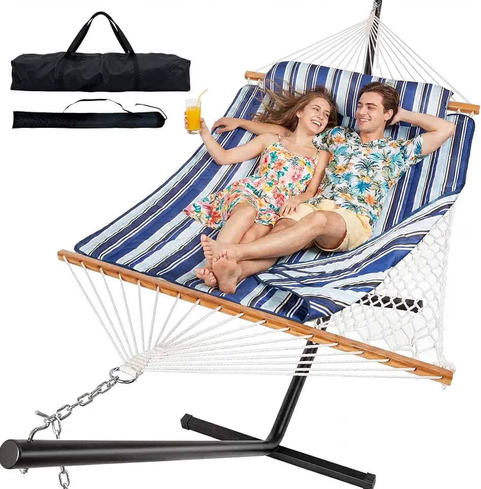 Everyfun 2 Person Double Hammock with Stand, 500 lb Cotton Rope, Blue