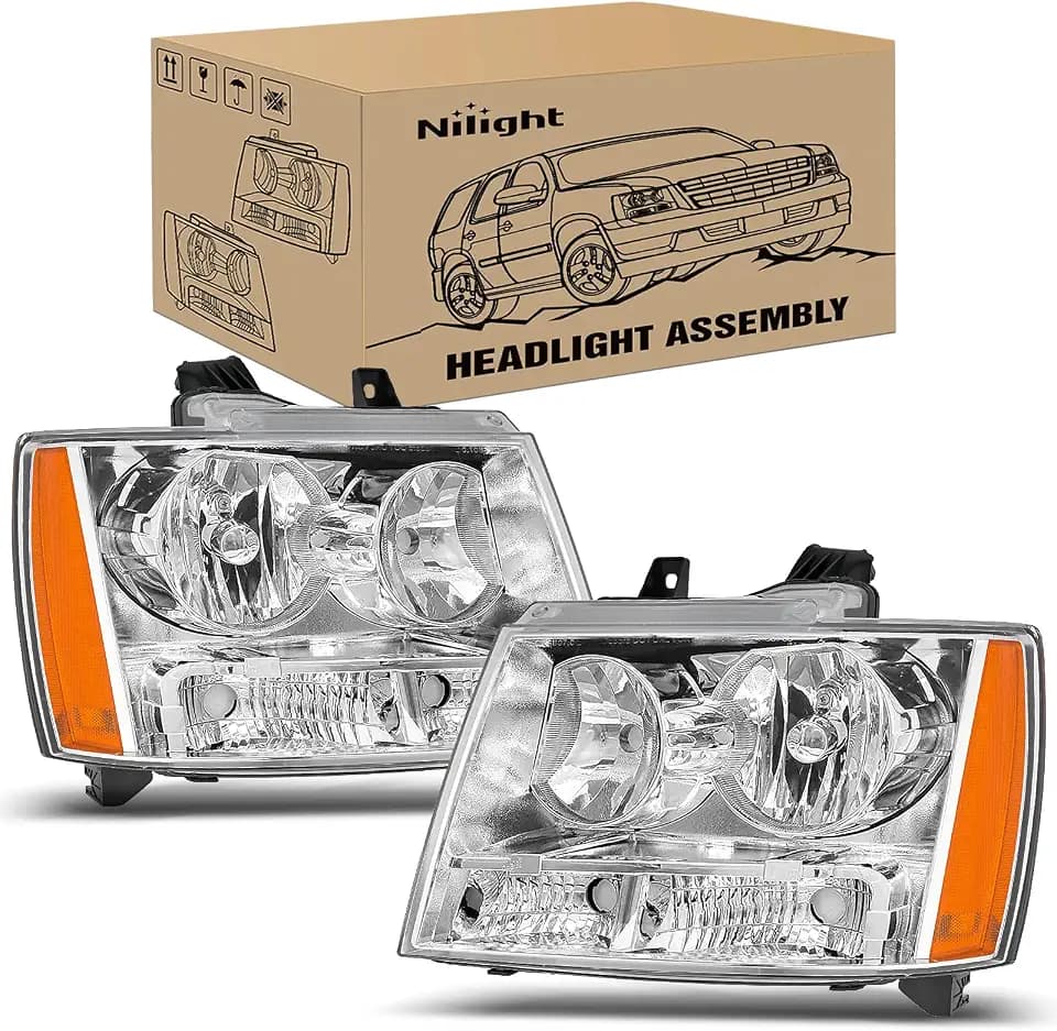 Nilight Headlight Assembly for 2007 2008 2009 2010 2011 2012 2013 2014 Chevy Avalanche Tahoe Suburban 1500 2500 Replacement Headlamp Bumper Lamp Set Chrome Housing Amber Reflector