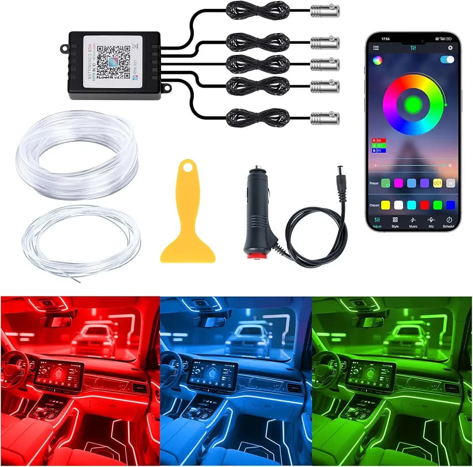 Interior Car LED Lights, 5 in 1 RGB Ambient Lighting Kit with 236" Fiber Optic, 16 Million Colors, APP Control, Music Sync Car Neon Lights for Cars, Trucks, SUVs