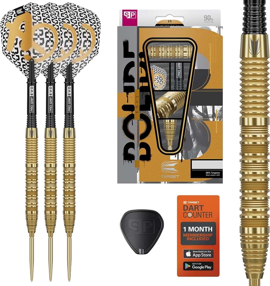 Target Darts Bolide Envy 90% Tungsten Swiss Point Steel Tip Dart Set (Barrel 01/02/03/04/05), 21G/22G/23G/24G/25G/26G | Nr. 6 Flights & Pro Grip EVO-Schaft, Gold Swiss Points & SP-Werkzeug