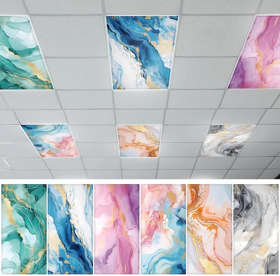 QOUBAI 6 Pcs Fluorescent Light Covers, 4x2 Feet Magnetic Light Cover Fluorescent Lights Shade Panel Positive Inspirational Ceiling Lights Filters for Office Classroom Home Drop Ceiling Marble