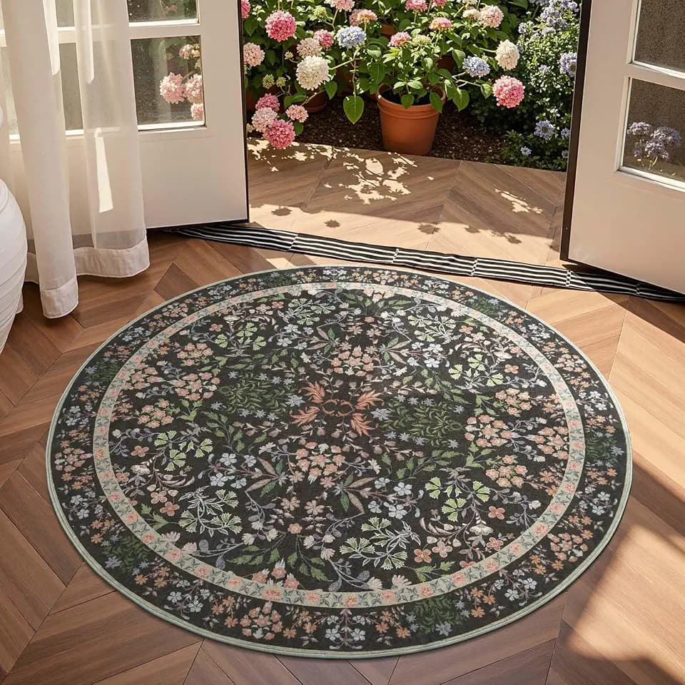 jinchan 4ft Washable Round Area Rug, Soft Floral Non-Slip, Black