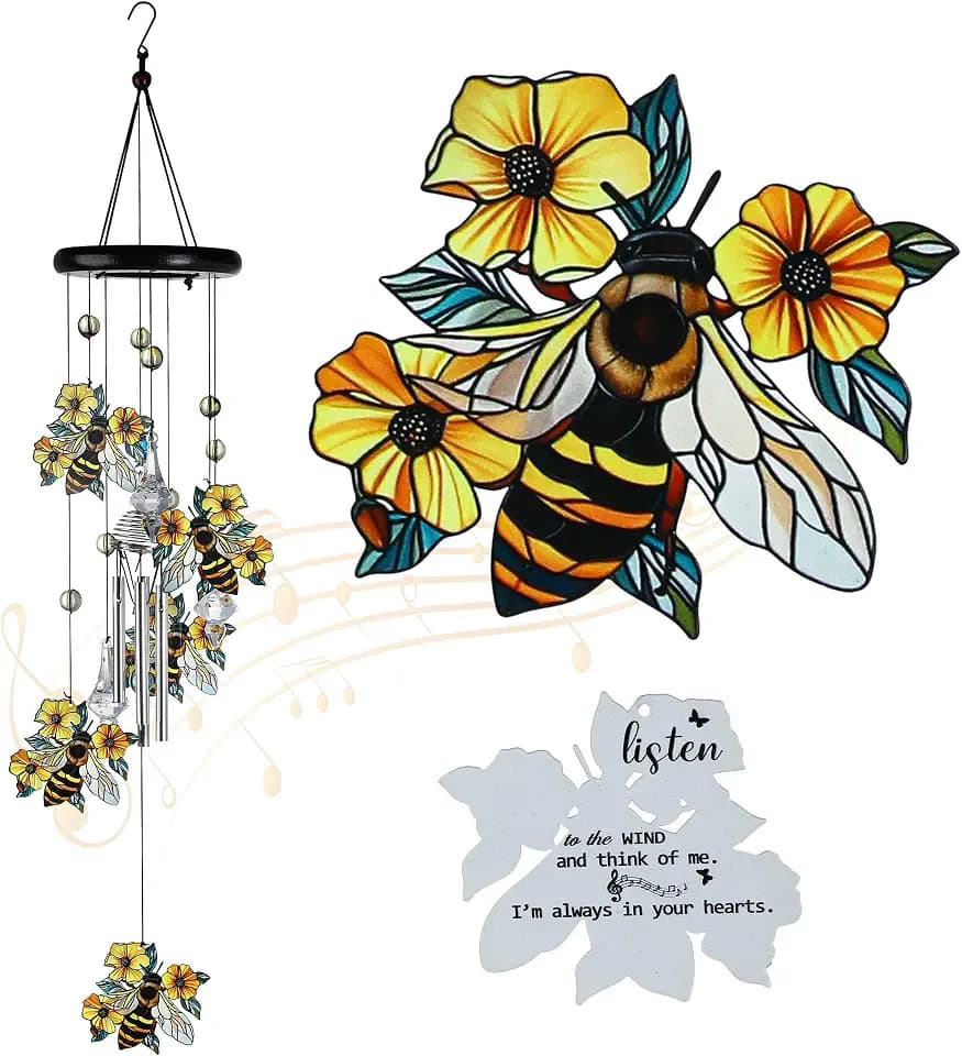 YU FENG Bee Wind Chime with Crystal Suncatcher, Memorial Outdoor Decor