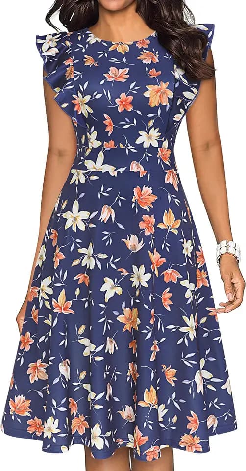 YATHON Women's Vintage Ruffle Sleeve Floral A Line Cocktail Party Dresses