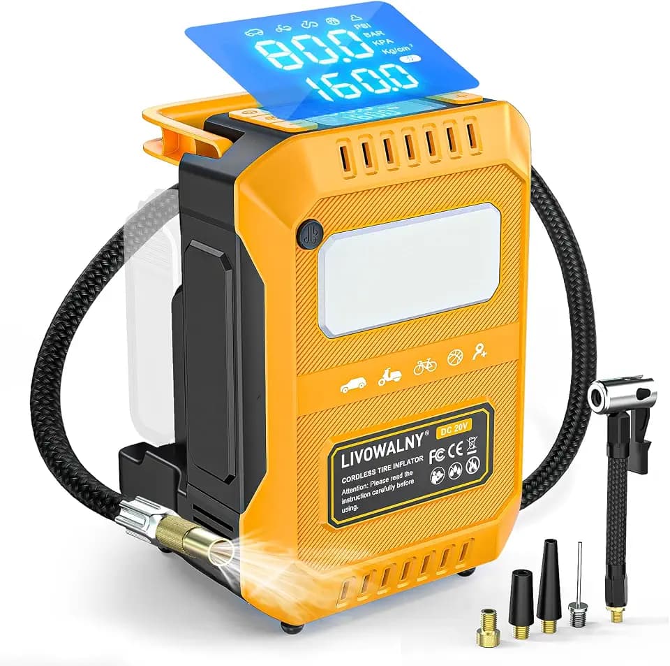 5X Faster Tire Inflator Air Compressor, LIVOWALNY 160PSI Cordless Air Pump Compatible with Dewalt 20V Battery with Digital Pressure Gauge, Deflator & Auto Shut-Off for Car, Motorcycle (Tool Only)