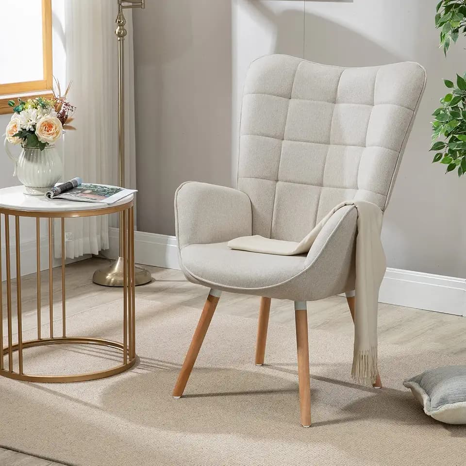 MEUBLE Cosy Sessel Relaxsessel Lehnstühle Polstersessel Einzelsofa mit Holzbein Ohrensessel für Wohnzimmer Schlafzimmer Büro Vanity, Stoff, Beige