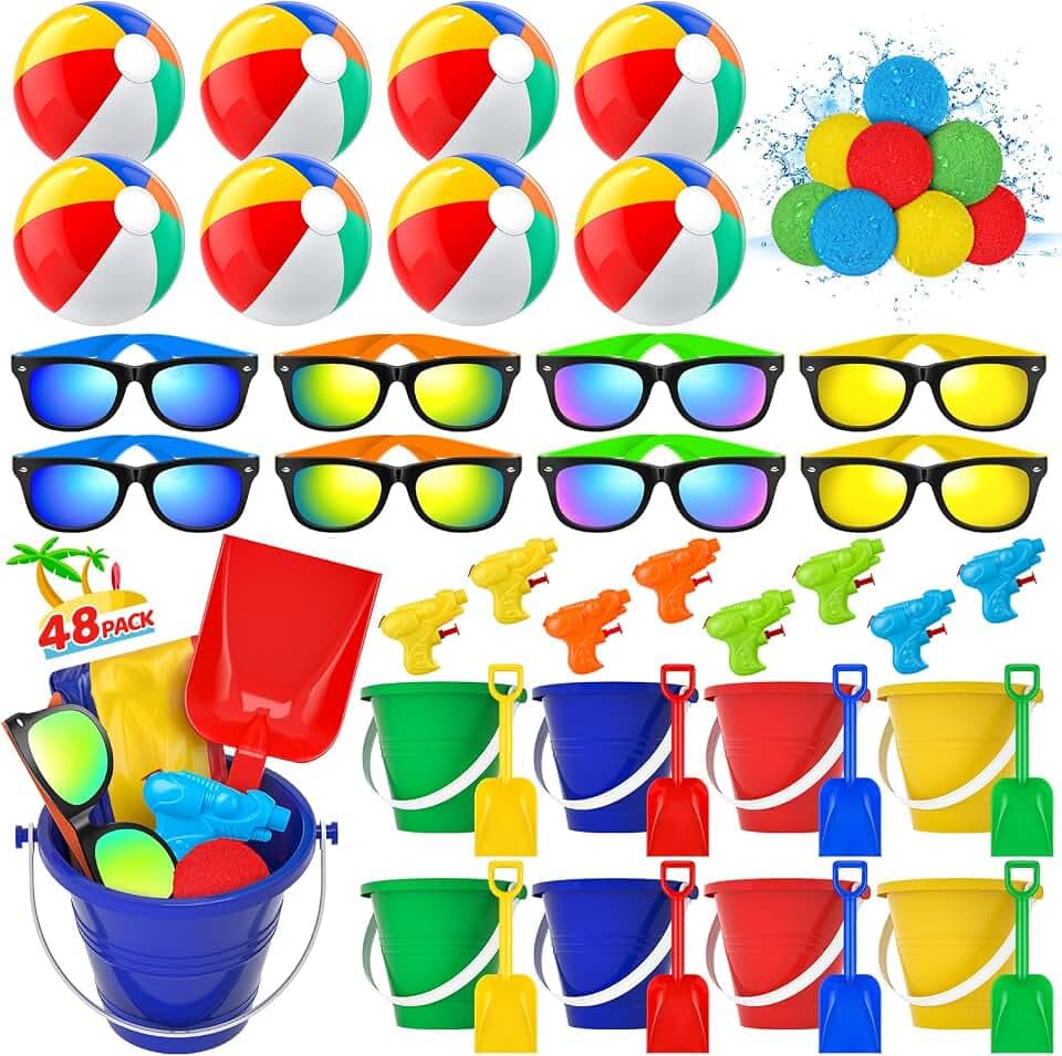 Pool Party Favors Beach Party Favors - 48 PCS Pool Toys For Kids Ages 3-8 Beach Balls Bulk, Sand Bucket and Shovels Set, Kids Sunglasses Bulk, Beach Summer Toys, Pool Party Supplies,Sand Toys