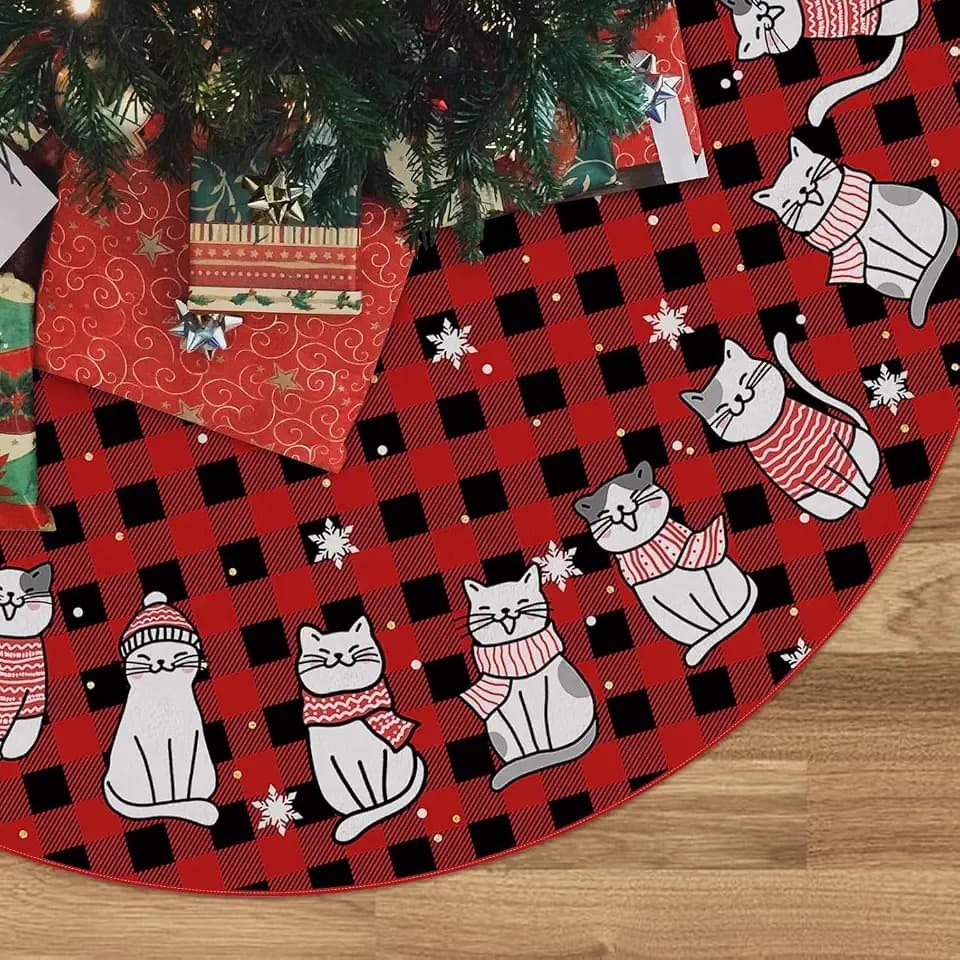 GAGEC Christmas Tree Skirt Red Buffalo Plaid Tree Skirt Cat Christmas Xmas Winter Tree Skirt 60 Inch for Black Cat Christmas Indoor Outdoor Decorations