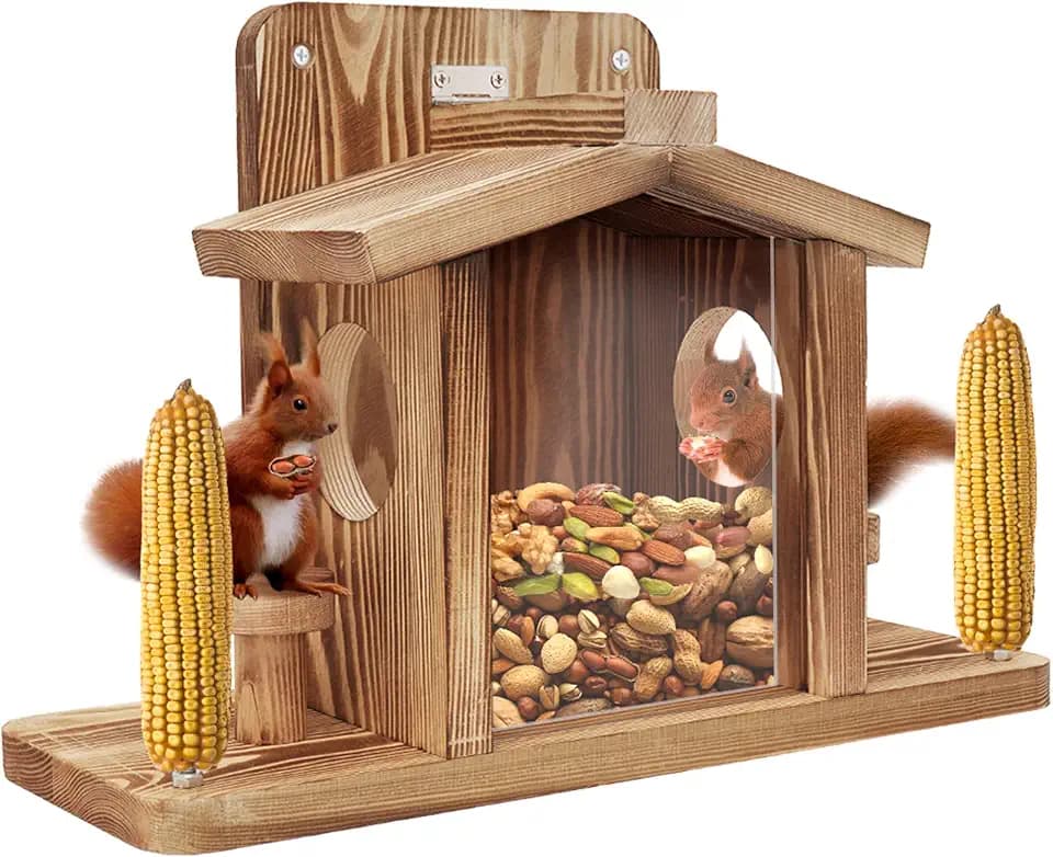 Squirrel Feeder for Outside, Durable Wooden Squirrel Feeder Platform, Funny Squirrel Houses Picnic Table, Squirrel Feeders for Outdoors Tree Peanuts Nuts Corn Cobs Holder Wooden Chipmunk Feeder Box