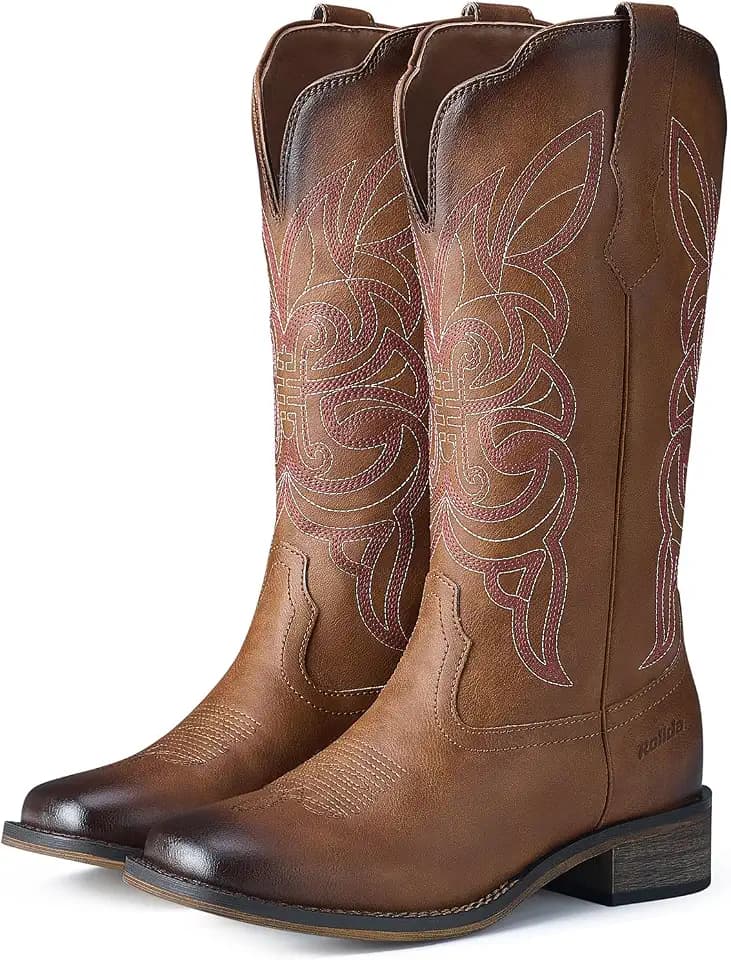 Rollda Cowboy Boots for Women Western Cowgirl Boots Square Toe Mid Calf