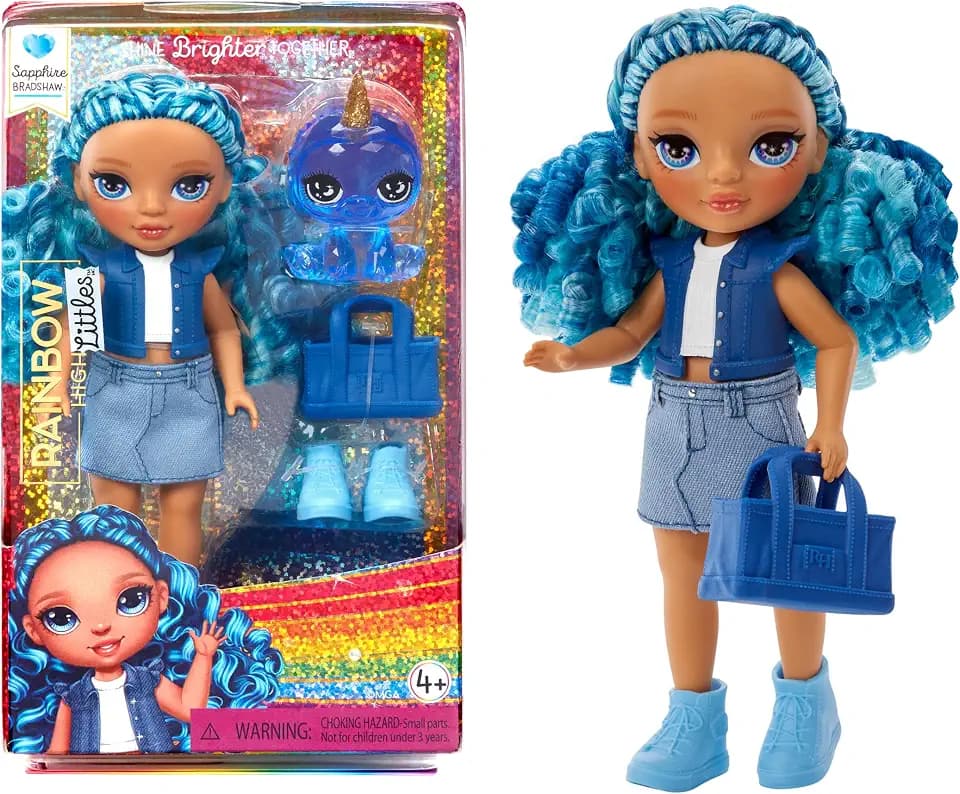 Rainbow High Littles – Sapphire Bradshaw, Blue 5.5" Posable Small Doll with Purse, Magical Pet Yeti, Girls Toy Gift, Kids Ages 4-12 Years