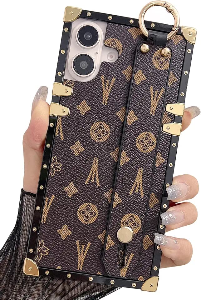 Compatible with iPhone 16 Plus Case Luxury Designer for Women Girls,Rectangle Leather with Wristband Strap Kickstand Holder Protective Phone Cover for 16 Plus - 6.7 inch(Brown)