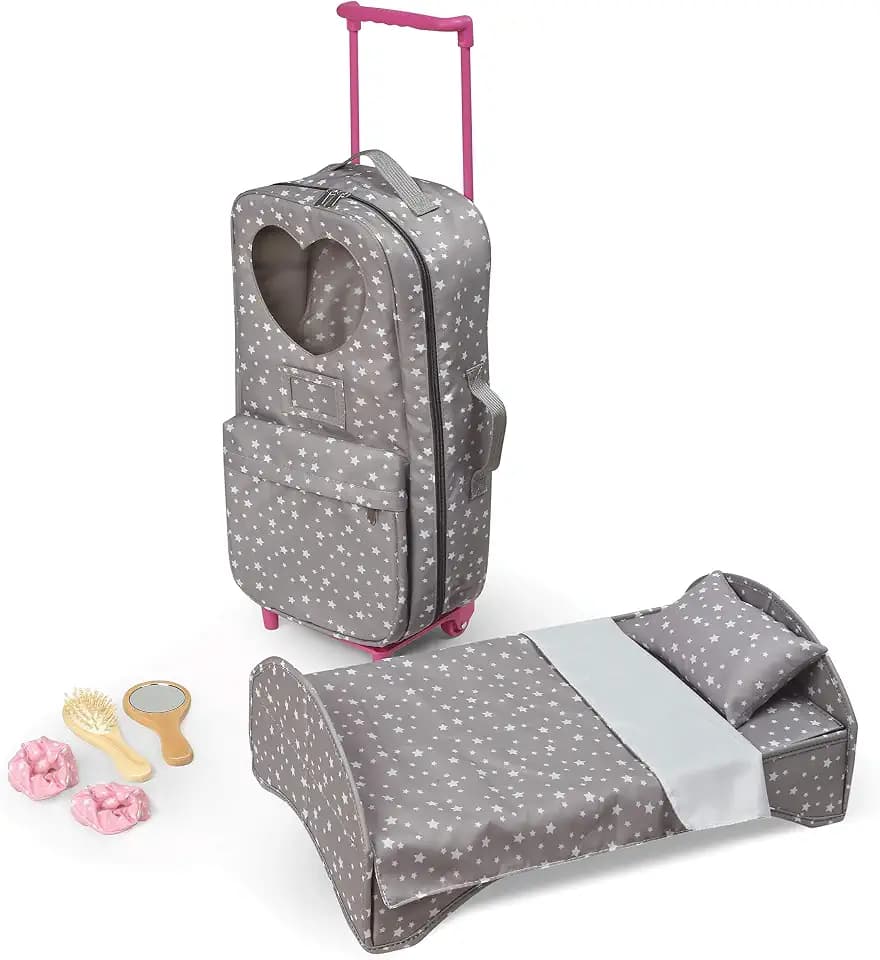 Badger Basket Travel and Tour Trolley Carrier Set for 18-Inch Dolls with Folding Bed and Accessories – Gray Stars