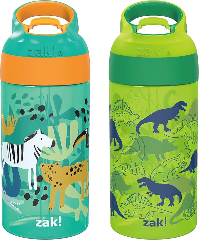 Zak Designs 16oz Riverside Kids Water Bottle with Spout Cover and Built-in Carrying Loop, Made of Durable Plastic, Leak-Proof Water Bottle Design for Travel (Dino Camo & Safari, Pack of 2)