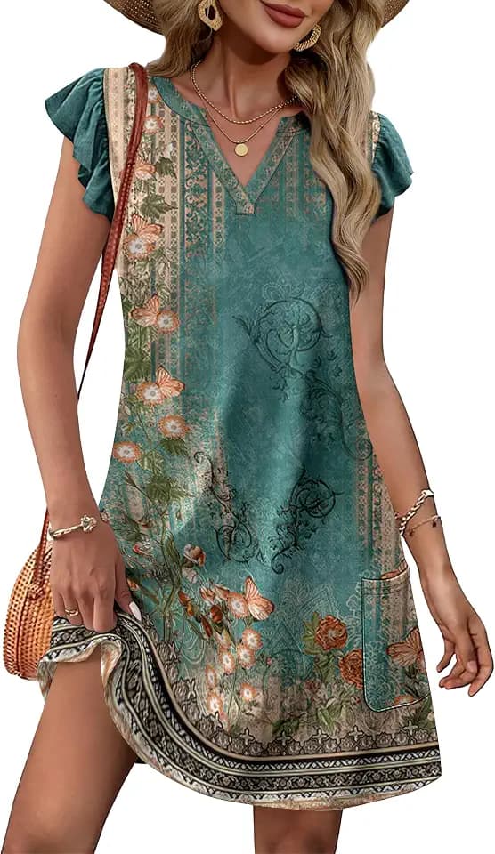 OFEEFAN Spring Summer Dresses for Women 2026 Casual Ruffle Sleeve V Neck Loose Swing Sundresses with Pockets Plain/Print