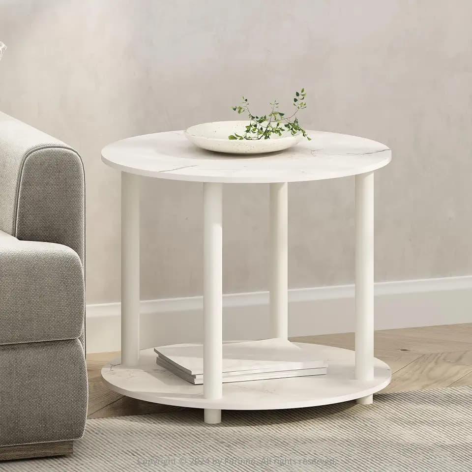 Furinno Turn-N-Tube Einfaches Design 2-stufiger runder Beistelltisch aus Holz, Marmor Weiß