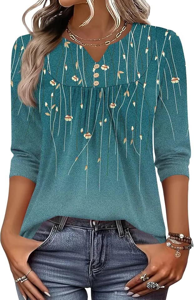 LOMON 3/4 Length Sleeve Womens Tops Dressy Casual Henley V Neck Blouses