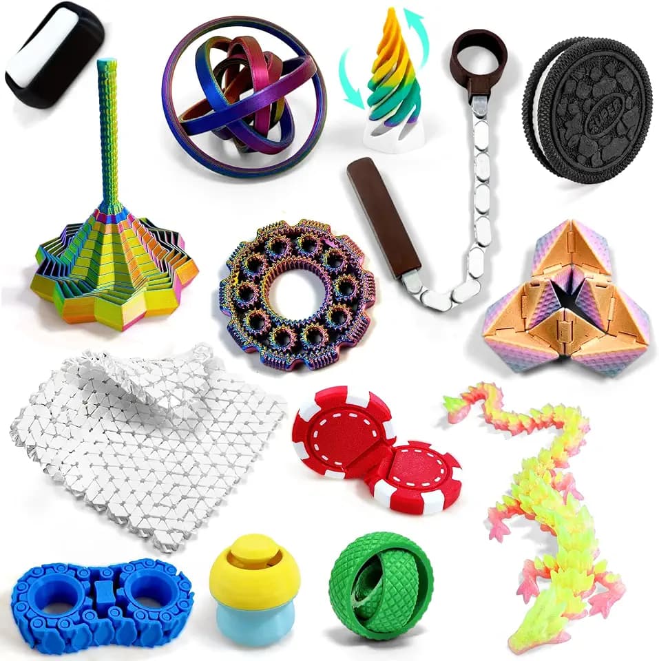 14-in-1 3D Printed Fidget Set for Adults - Sensory Anxiety Relief with Clicker, Articulated Dragon, Impossible Pyramid, Gyro Spinner, Poker Chips, Stress Relief Gifts for Men Women