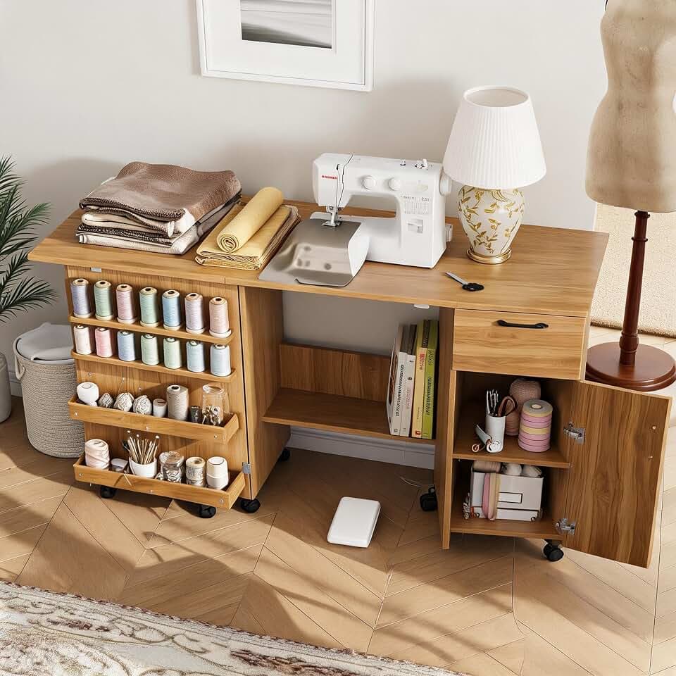 Folding Sewing Table with Storage,Sewing Machine Table with Sliding Drawer