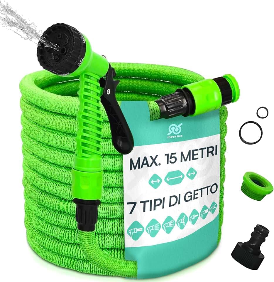 TEMPO DI SALDI Ausziehbarer Gartenschlauch 15 m mit 7 Funktionen für die wasserdichte Reinigung