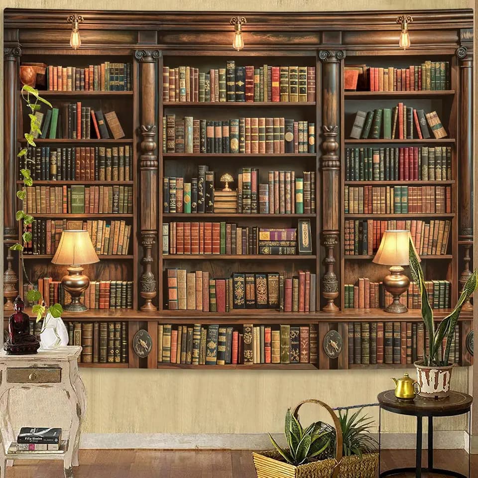 Spenlife Bookshelf Tapestry Wall Hanging Vintage Library Wall Tapestry, Old Books on Shelf Classical Study Room Student Study College Dorm Bedroom Living Room 44×60 Inches