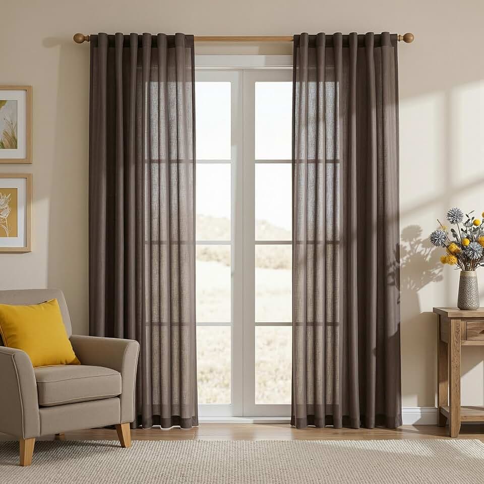 MYSKY HOME Patio Curtains for Sliding Door 90 inch Length 2 Panels Set, Living Room Curtains & Drapes Soft Farmhouse Window Treatments Back Tab Semi Sheer Draperies, 50" W x 90" L, Dark Brown