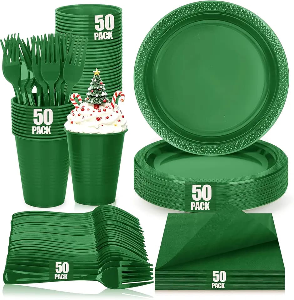 Green Plastic Plastic Party Plates and Napkins Set for Birthday, Christmas