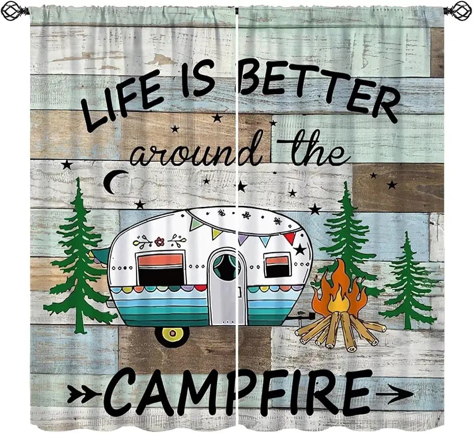 RV Window Curtains Happy Camper Window Treatments for Travel Trailer Ruistic Cabin Country Famhouse Camping Drapes for Kitchen Living Room Bedroom W42xL45in(Decor)