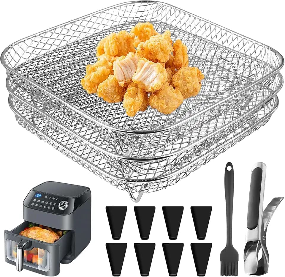 Luftfritteusen Regal, 3 Lagig Stapelbares Edelstahl Quadrat Air Fryer Racks Heißluftfritteuse Zubehör mit 8 Silikonfüßen 1 Pinzette und 1 Bürste für die meisten 5,5 bis 8 L Heißluftfritteusen
